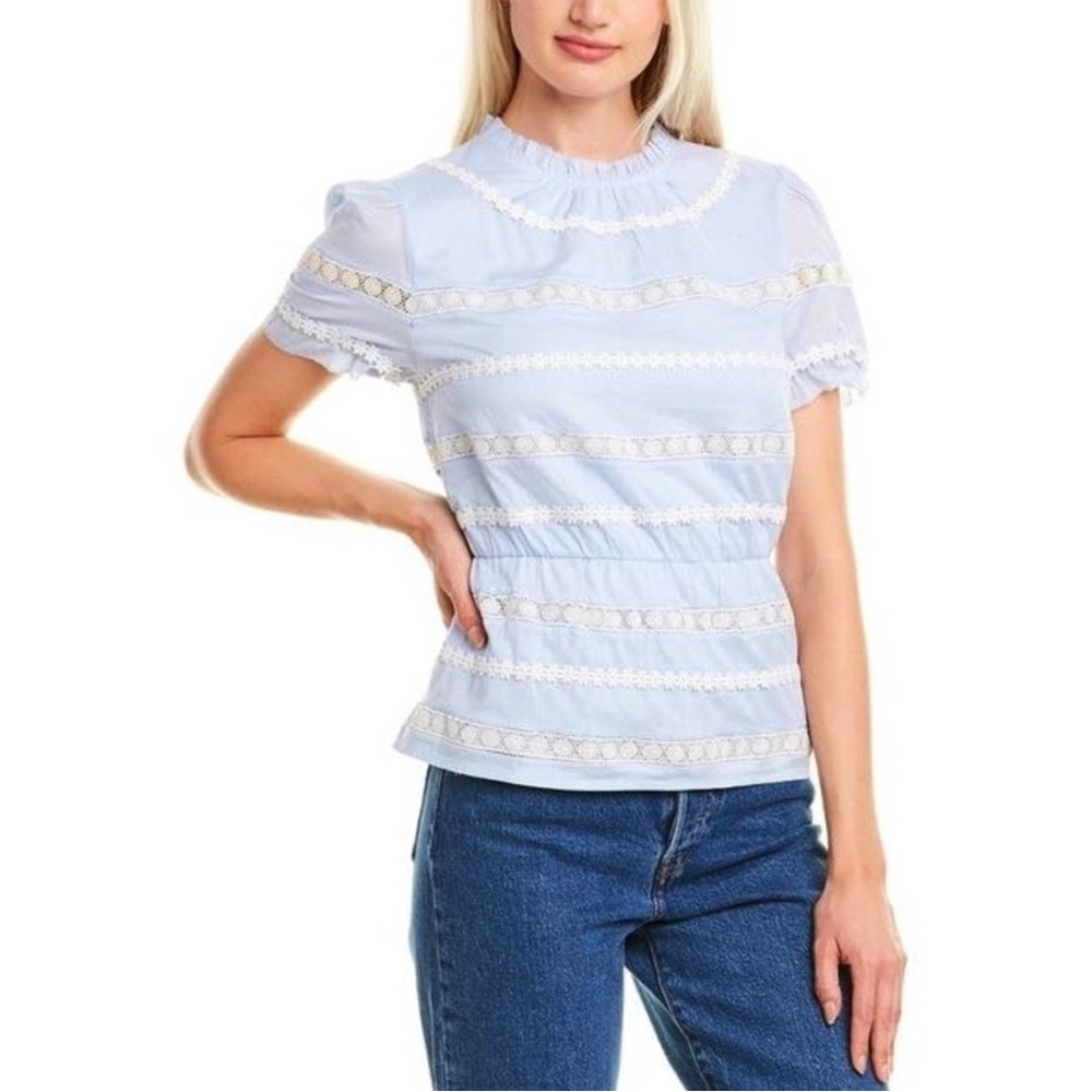 J.CREW Daisy-Chain Light Blue w/White Detail Peplum Elastic Waist Top Size Small